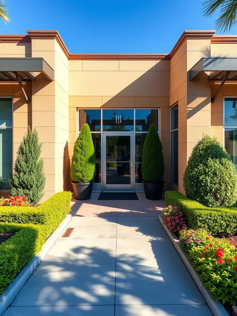 A beautifully maintained landscape around a commercial building, showcasing healthy plants and a litter-free environment thanks to Litter Ghost LLC.